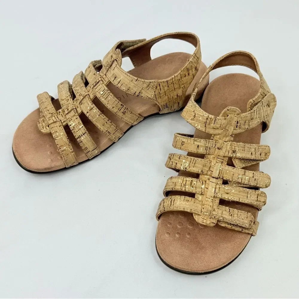 Vionic HARISSA Gold Cork Adjustable Strap Orthotic Gladiator Sandals